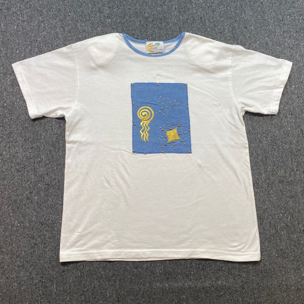 Copa Cabana TShirt Sz S Womens White‎ Vintage 90s Boho Studded Denim Patch USA